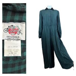 Vintage Lanz Green & Black Gingham Check Romper Jumpsuit / Size 14 *